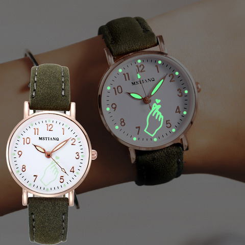 Reloj luminoso de noche brillante para mujer, relojes bonitos de cuero, caja de reloj de cuarzo Simple pequeña, reloj de pulsera para niña ► Foto 1/6