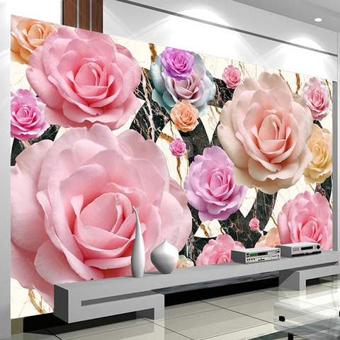 Papel pintado con foto De pared personalizada para sala De estar, Mural De fondo De TV, Papel tapiz impermeable con patrón De mármol y rosa para sala De estar y sofá ► Foto 1/6