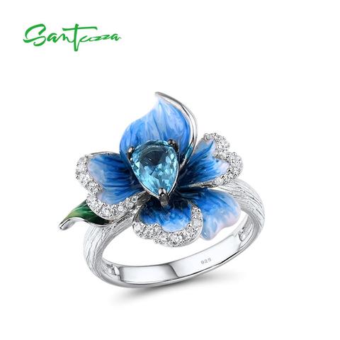 SANTUZZA anillos de plata para las mujeres genuino 925 plata esterlina azul delicado flor de la orquídea delicado de moda de joyería de esmalte hecho a mano ► Foto 1/6