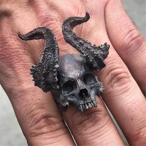 EYHIMD Detail-Anillo de calavera de acero inoxidable 316L, anillos de diablo de Satán con cuernos, anillos de motociclista de estilo Punk para hombre, joyería para hombre ► Foto 1/2