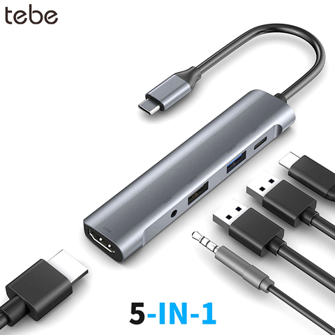 Tebe-Adaptador de conector de Audio 5 en 1 USB-C tipo C a 4K HDMI 3,5mm, USB C a USB 3,0/2,0 60W, estación de acoplamiento tipo c PD para Macbook ► Foto 1/6