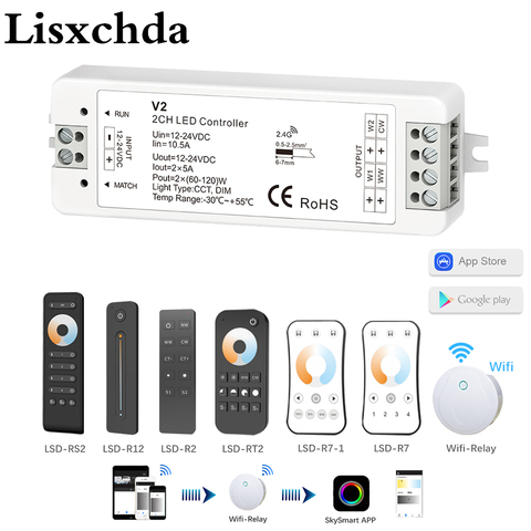 Controlador WW CW LED de 12V, 24V, 10A, 2 canales, 2,4G, tira de luz CCT de un solo Color, mando a distancia inalámbrico controlador regulador LED RF con soporte V2 ► Foto 1/6