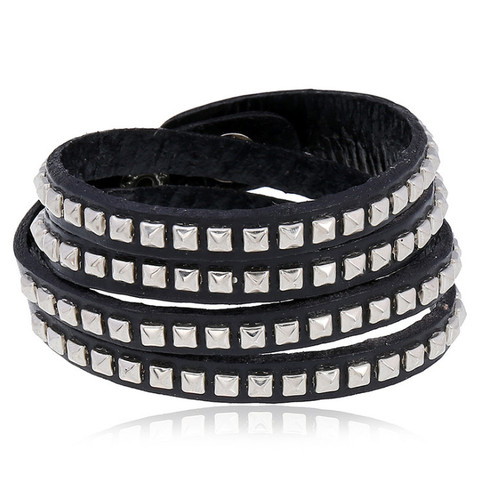 Pulsera negra Punk Rock para hombre y mujer, brazalete de cuero multicapa con remaches de 2 filas, brazalete envolvente, regalo de joyería de hip hop ► Foto 1/5