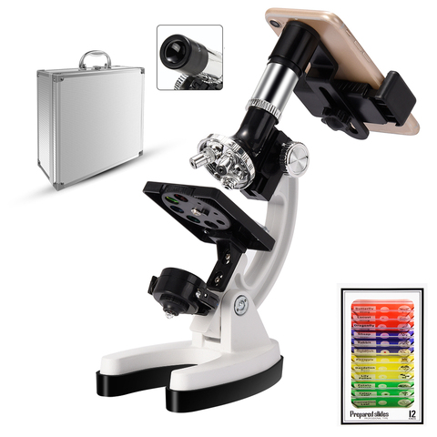 Microscopio biológico mejorado para niños 100X-600X-1200X, cuerpo de Metal, fuente de luz LED/espejo con caja de almacenamiento de aleación de transporte ► Foto 1/6