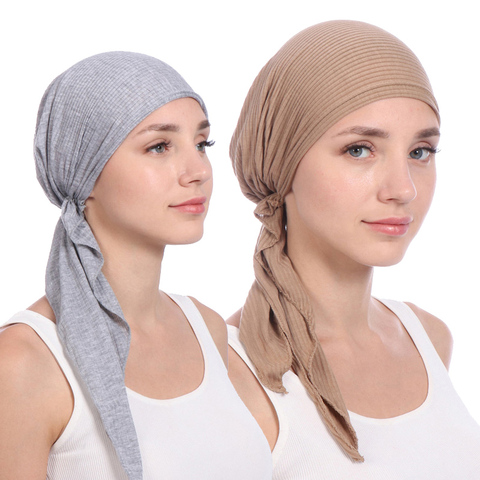 Nuevo elástico de algodón de color sólido de cabeza sombreros de bufanda musulmán capó de turbante para las mujeres Hijab interior sombrero de moda mujer turbantes tapas ► Foto 1/6