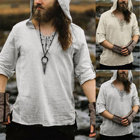 Camiseta Retro Medieval Cosplay de pirata vikingo Vintage informal para hombre con capucha Caballero Lino renacentista túnica nórdica vendaje camiseta ► Foto 1/6