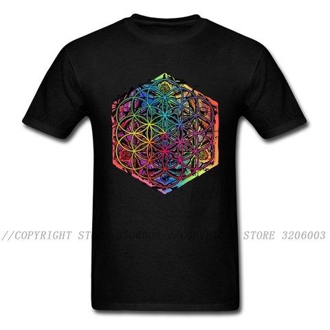 Camiseta negra de manga corta para hombre, camisa con estampado de flor geométrica de la vida, Mandala, Color negro ► Foto 1/6