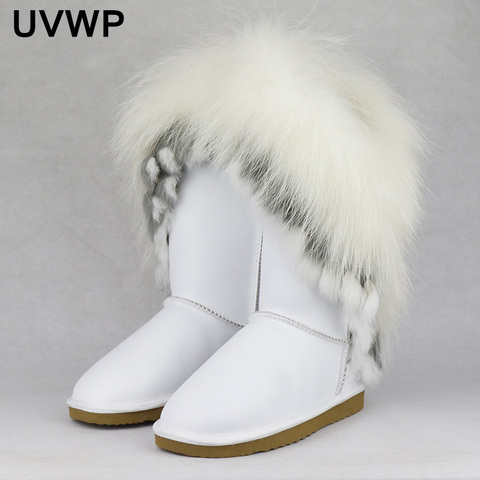 Nuevo estilo de moda grandes naturales de piel de zorro nieve botas de cuero real de la vaca nieve para las mujeres invierno botas largas borlas de piel de conejo ► Foto 1/6