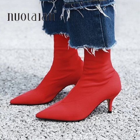 Calcetín de tobillo de mujer, botas a la moda para otoño e invierno, zapatos de tacón alto de aguja de 6CM, puntiagudos, rojo y negro, 2022 ► Foto 1/6