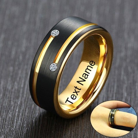 Anillo de nombre personalizado sin Vnox para hombres banda de boda de carburo de tungsteno negro con líneas de tono dorado AAA CZ piedras Gent anel ► Foto 1/6