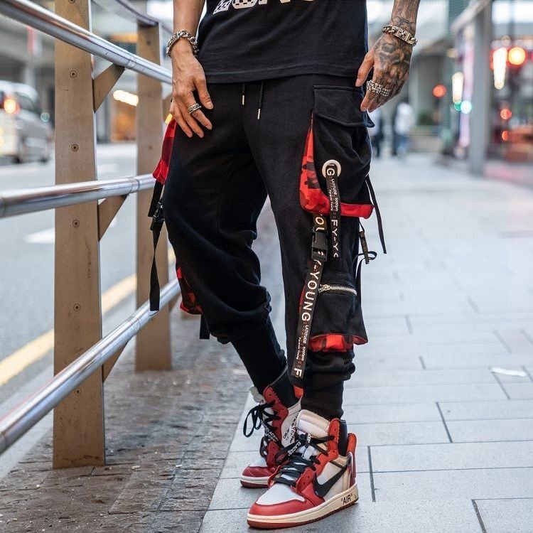 Pantalones Deportivos Para Hombre Estilo Hip Hop - Ajustados, Algodón Y Poliéster, Color Negro/rojo