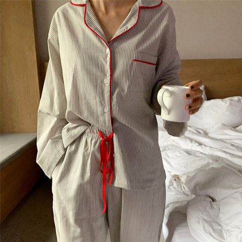 Conjunto de pijama de rayas holgado para mujer, pantalones con cordón, tops de manga larga, ropa de dormir informal de algodón estilo japonés L255 ► Foto 1/6