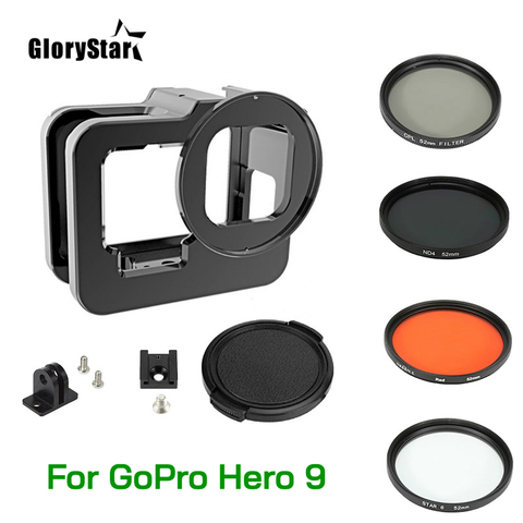 Carcasa de Marco protectora de aluminio y Metal para GoPro Hero 9, jaula negra con 52mm CPL/Red/ND4/8/16/Star/Macro 10x/filtro para go pro 9 ► Foto 1/6