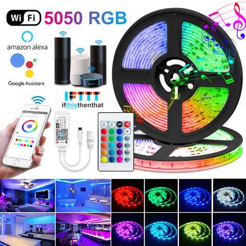 Tira de luces LED con WIFI y Bluetooth, RGB, 5050 SMD 2835, Flexible, 30M, 25M, resistente al agua, diodo de cinta DC 12V 24K, Control + adaptador ► Foto 1/6