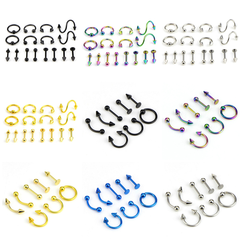 8 unids/set moda JUEGO DE piercings ceja Barra de nariz labio Pircing de acero inoxidable pendientes de acero inoxidable mezclado joyería del cuerpo ► Foto 1/5