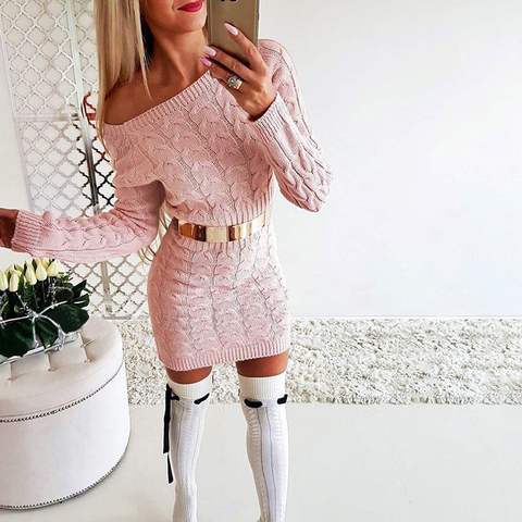 Vestido corto femenino de punto con manga larga para otoño e invierno, minivestido con hombros descubiertos para mujer, tejido liso, ajustado, para fiesta ► Foto 1/4