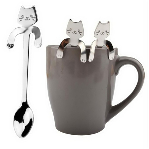 Cuchara de café de acero inoxidable con forma de gato encantador, cuchara de té, postre, aperitivos, helado, Mini vajilla de cucharas, herramientas de cocina ► Foto 1/6