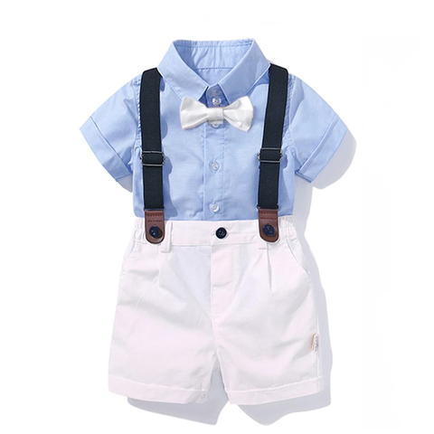 Ropa de bebé niño camisa de arco cumpleaños Formal traje de verano recién nacido corto cielo parte de arriba de color azul + blanco Suspender pantalones trajes 1-4 ► Foto 1/6