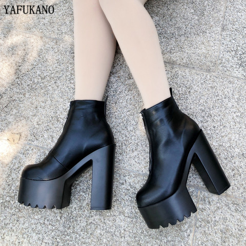 14 Cm negro de moda de tacón grueso botas primavera Otoño de plataforma de cuero suave botas para mujer vestido botines de fiesta zapatos de tacón alto ► Foto 1/5