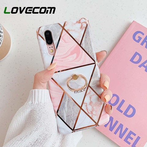 LOVECOM Chapado en mármol funda del teléfono para Huawei P40 Pro P30 P20 Mate 30 20 Lite con anillo de dedo IMD suave cubierta trasera, regalo ► Foto 1/6