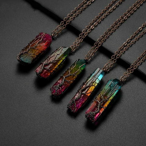 Colgante SEDmart de 7Chakra de arcoíris con piedra Natural de alambre de cobre, collar para mujeres y hombres, cadena larga, declaración de árbol de la vida, regalo de joyería ► Foto 1/6