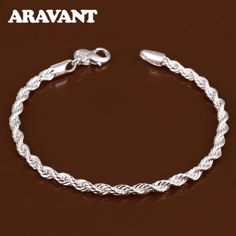 Pulsera de cadena de eslabones de 4MM para mujer, de plata de ley 925, pulsera de cuerda trenzada, joyería de plata ► Foto 1/6