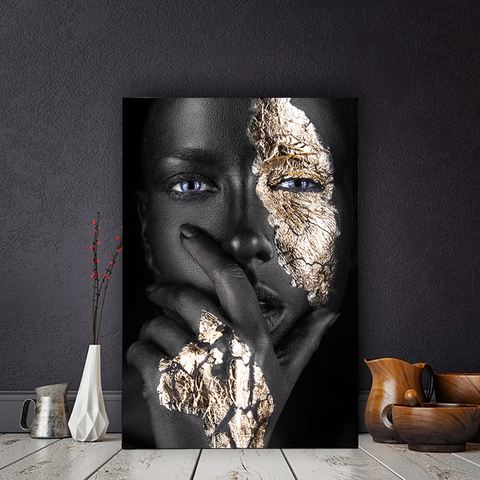 Pintura al óleo sobre lienzo para mujer, póster e impresiones de Arte Africano en oro negro, imagen de pared escandinava para decoración para sala de estar ► Foto 1/6
