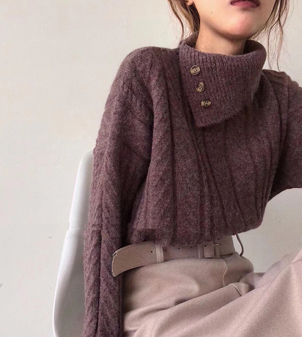 Suéter de cuello alto para mujer, jersey para niña, Tops tejidos Vintage de Otoño de talla grande, ropa de abrigo de punto para mujer, suéteres cálidos ► Foto 1/6