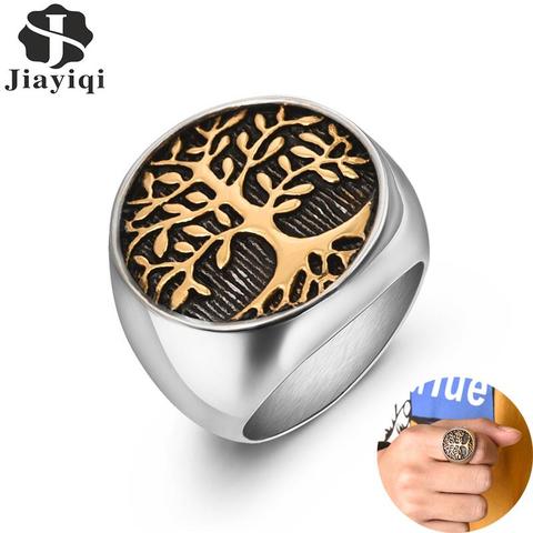 Jiayiqi elegante anillo para hombres Acero inoxidable Árbol de la vida anillos mujeres plata oro anillo de boda nuevo punk rock hip-hop joyería regalo ► Foto 1/6