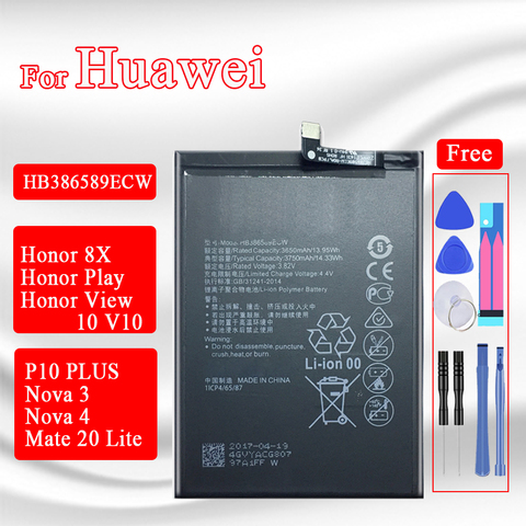 3750mAh HB386589ECW batería para Huawei P10 más Honor 8X 10 V10 jugar BKL-L09 BKL-AL20 BKL-AL00 COR-L29 baterías + herramientas ► Foto 1/6