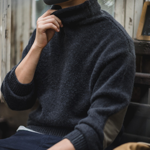 Maden-suéter de cuello alto de Mohair para hombre, jersey de manga larga verde y gris con parche en el codo, Estilo Vintage, cálido y suave ► Foto 1/6