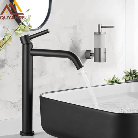 Quyanre – Grifo alto mezclador de agua fría y caliente para lavabo, Grifo de grúa de una manija cromado, bronce negro, para baño y fregadero ► Foto 1/6