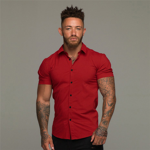 Camisa de manga corta a la moda para hombre, vestido de corte superfino y sólido para Negocios Sociales, ropa deportiva de marca para gimnasio y Fitness, Verano ► Foto 1/6