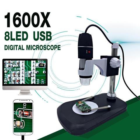 Microscopio Digital con USB,, cámara endoscópica, lupa de 8LED, soporte metálico, 1600X ► Foto 1/6
