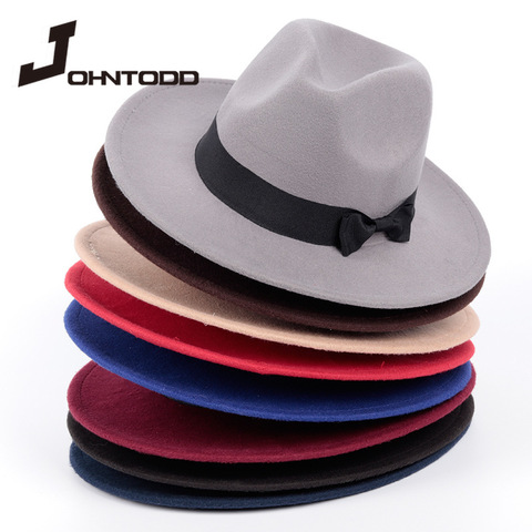 Ala ancha caballero elegante damas Otoño Invierno jazz sombrero simple hombre mujer vintage de lana sombrero de fieltro estilo gánster de sombrero de fieltro de sombrero fedora ► Foto 1/6