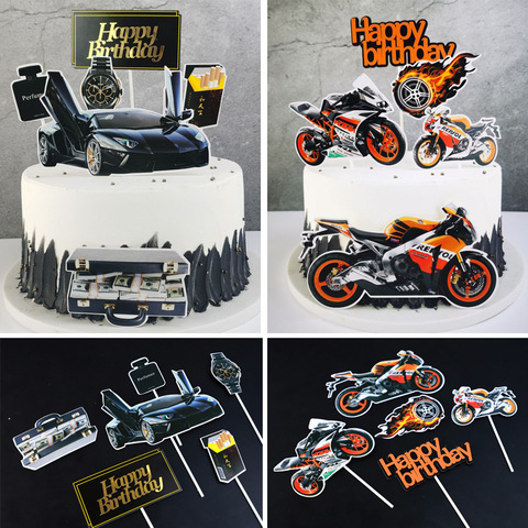 Motocicleta Topper para tarta de feliz cumpleaños combinación coche Cupcake Toppers hombres niños fiesta de cumpleaños postre de boda decoraciones de la torta pastel de ► Foto 1/6