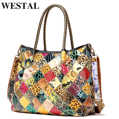 WESTAL-Bolso de mano de cuero auténtico para mujer, bolsa de mano con asa superior, estilo bohemio, de hombro bordado ► Foto 1/6