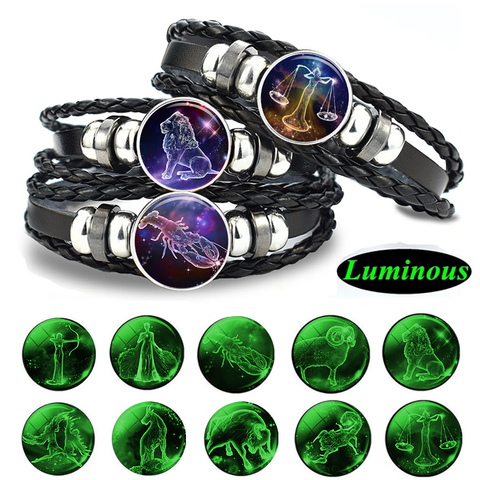 Gemini Leo Libra Escorpio Sagitario-pulsera luminosa de 12 Constelaciones, pulsera de cuero con abalorio del zodiaco, joyería para hombre ► Foto 1/6