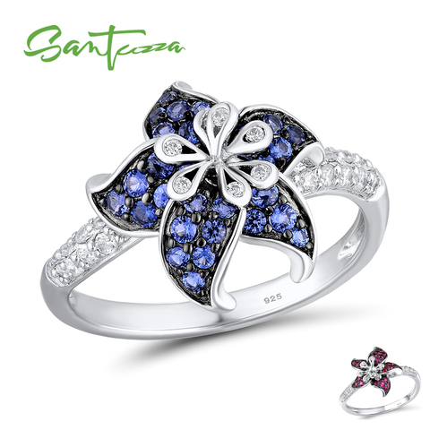 Anillo de Plata de Ley 925 para mujer de SANTUZZA, flor floreciente de Zirconia cúbica azul y blanca, joyería para fiestas ► Foto 1/6