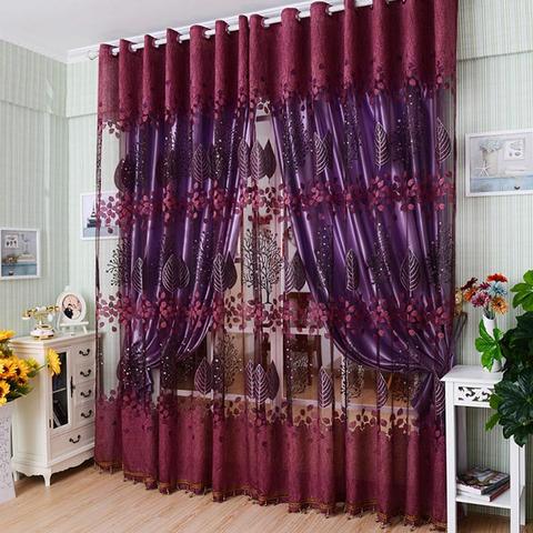 Cortina de tul rojo vino para ventana, cortinas transparentes florales de lujo para cocina, sala de estar, dormitorio, tratamiento de ventanas, cortinas de Panel ► Foto 1/4