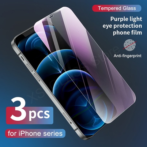 3Pcs Anti azul Ray Luz de vidrio templado 9H para iPhone 11 12 Pro Max 6 S 6 7 8 Plus X XR X S X Max Protector de pantalla de cuidado de los ojos de vidrio ► Foto 1/6