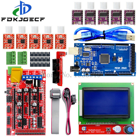 Mega 2560 R3 CH340 + 1 Uds rampas 1,4 controlador + 5 uds A4988/DRV8825 paso a paso módulo + 1 Uds 12864 controlador para 3D kit de impresora ► Foto 1/6