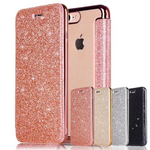 Funda lujosa de cuero con tapa para iPhone, carcasa trasera transparente de TPU brillante para iPhone 12 11 Pro XS Max XR X 7 8 Plus 6s Plus 5 5S SE2022 ► Foto 1/6