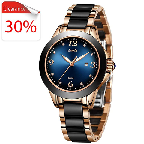 Relojes para mujer SUNKTA, reloj de cuarzo para mujer, reloj de pulsera de cerámica resistente al agua de acero inoxidable, reloj de pulsera negro dorado + caja ► Foto 1/6