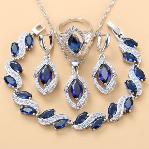 Juegos de joyas de plata de ley 925 para mujer, accesorios de boda, con piedra Natural, CZ, pulsera azul y anillo ► Foto 1/6