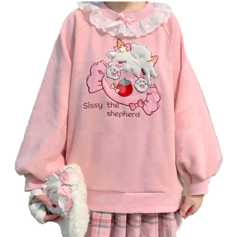 Sudaderas con capucha de cuello de encaje para mujer, Sudadera Kawaii Harajuku, suéter rosa para mujer, Sudadera bordada de cordero y caramelo 2022 ► Foto 1/6