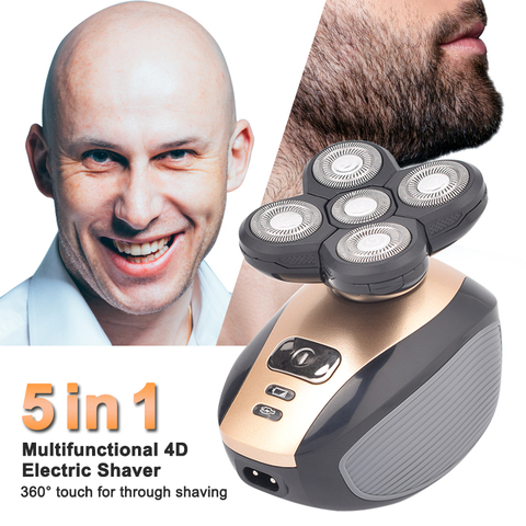 Máquina de afeitar eléctrica recargable para hombres, 5 en 1, con cinco cabezales flotantes, para el pelo, cortador de pelo de los oídos, cepillo de limpieza facial ► Foto 1/6