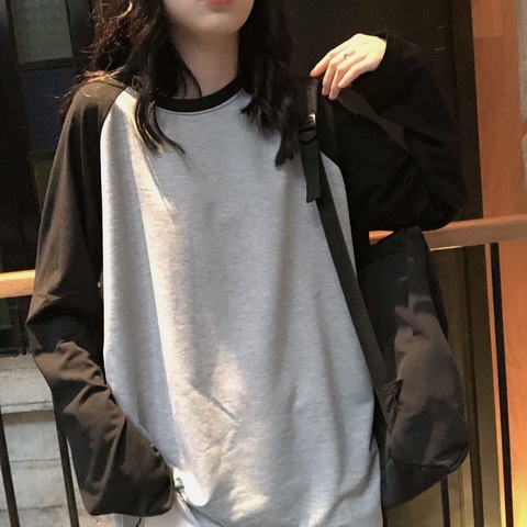 Nuevo 2022 camiseta femenina de cuello redondo de Color de contraste de manga larga Camiseta de primavera para mujer camiseta de Patchwork ► Foto 1/5