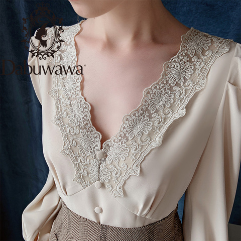 Elegante blusa Dabuwawa de encaje con cuello en V para mujer, blusa de manga larga acampanada, camisas Vintage de un solo pecho, Tops de oficina para mujer DT1CST029 ► Foto 1/6