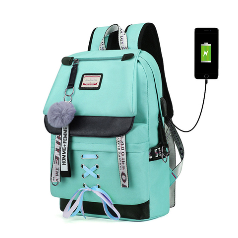 Mochilas de gran capacidad para mujer, mochila para chicas adolescentes, bolso escolar con carga USB, lienzo de estudiante, Verde ► Foto 1/6